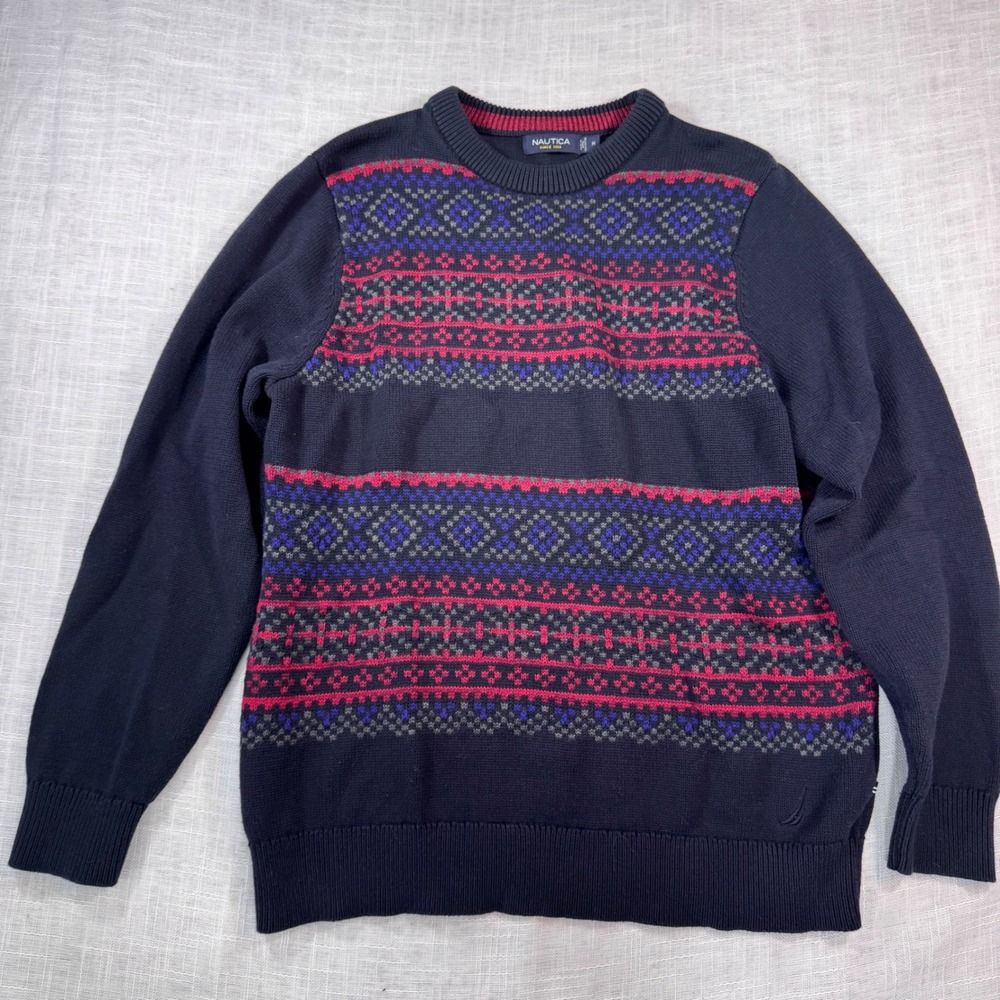 Y2K Nautica Fair Isle Sweater Men M Navy Red Cotton Knit Nordic Heritage Coastal